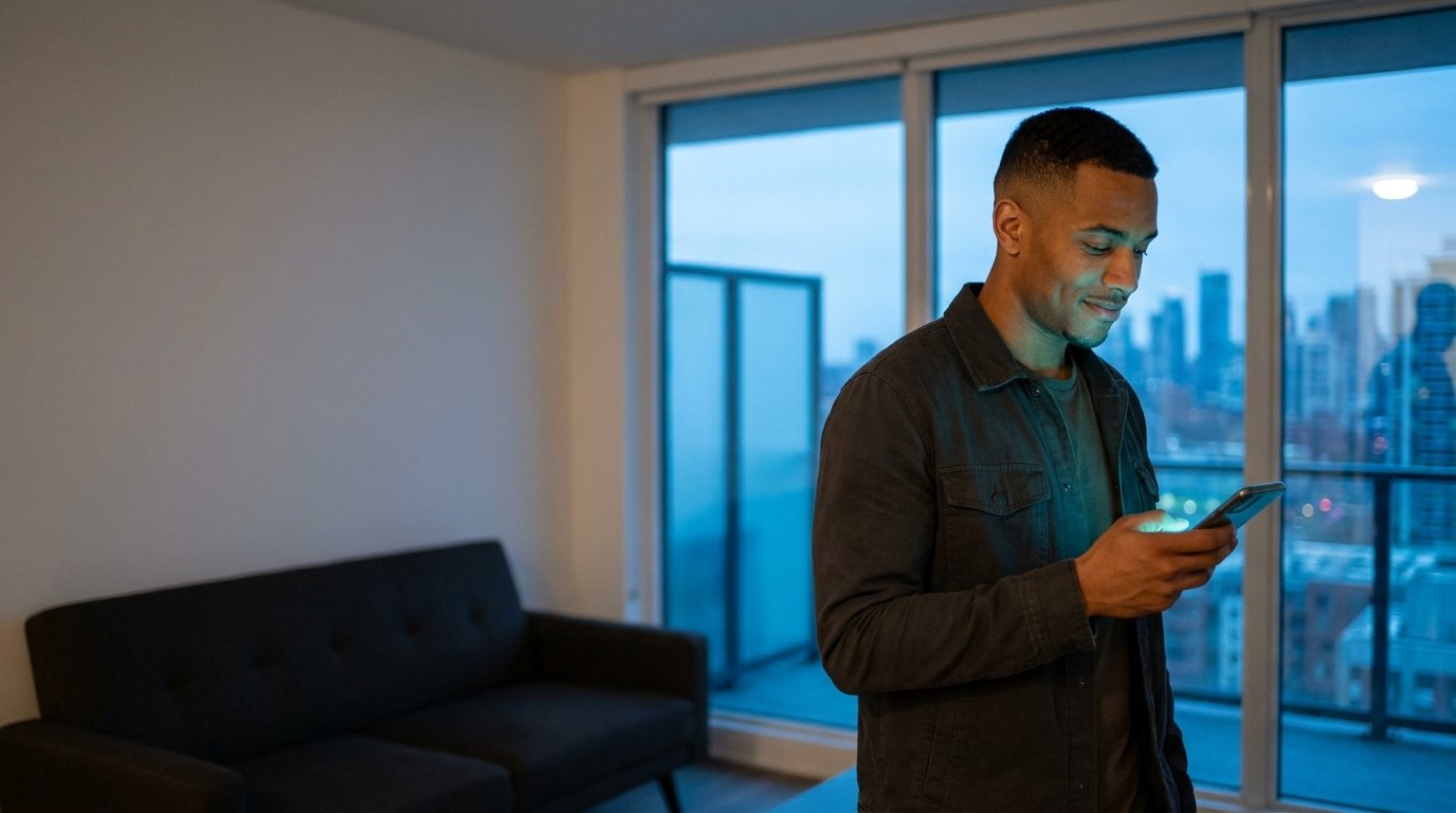 Pessoa usando smartphone em ambiente urbano, luz noturna com reflexo ciano