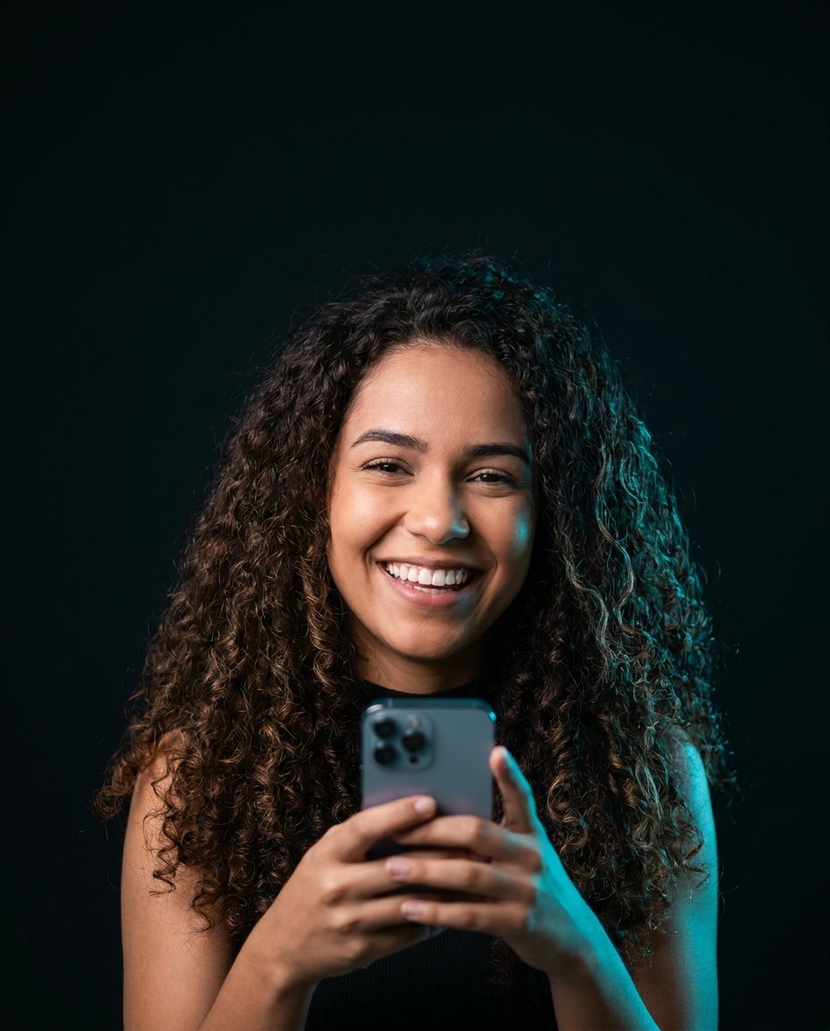 Pessoa sorrindo usando smartphone, luz ciano